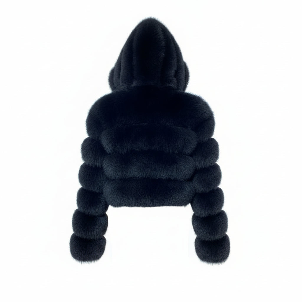 Abrigo de Pelo Negro con Capucha