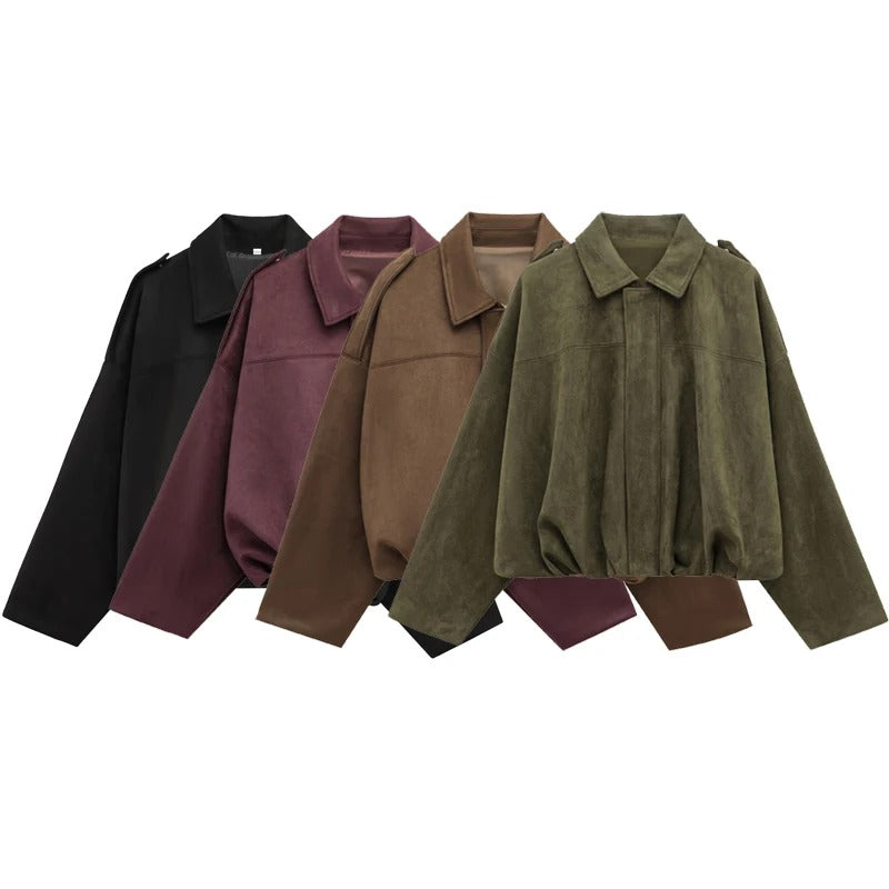 Chaqueta Bomber de Gamuza Premium con solapa y cremallera para Mujer