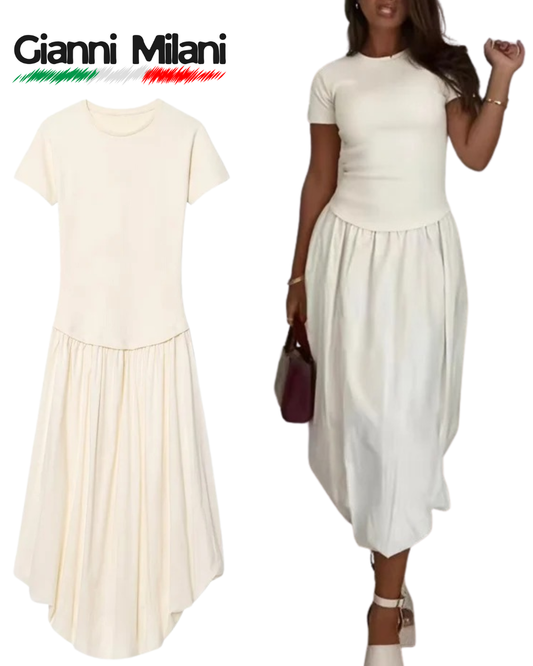 Vestido Camiseta con Falda Acampanada Beige