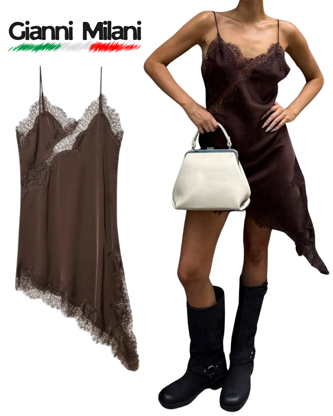 Vestido de Seda y Encaje Marrón