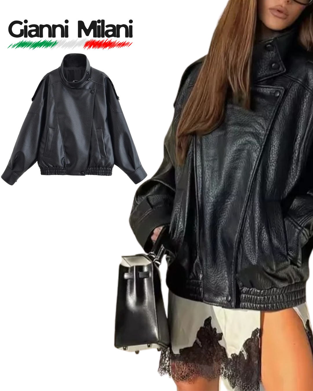 Chaqueta Negra Cuero Negro Cruzada con Cuello Alto