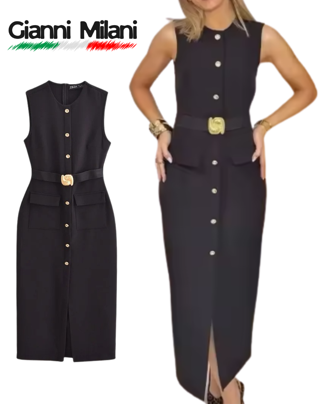 Vestido Negro Largo con Cinturón Integrado