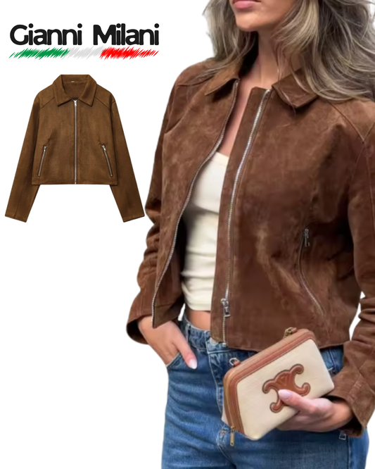 Chaqueta de Piel Marrón con Cremallera