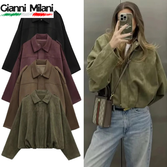 Chaqueta Bomber de Gamuza Premium con solapa y cremallera para Mujer