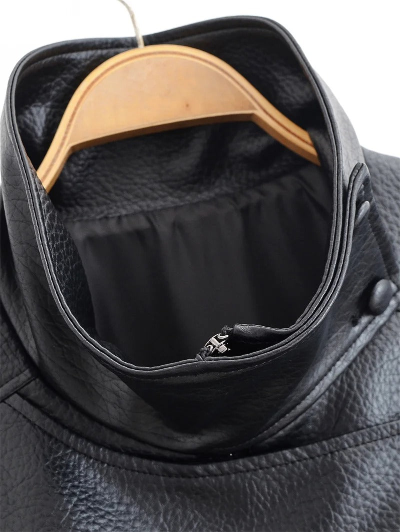 Chaqueta Negra Cuero Negro Cruzada con Cuello Alto