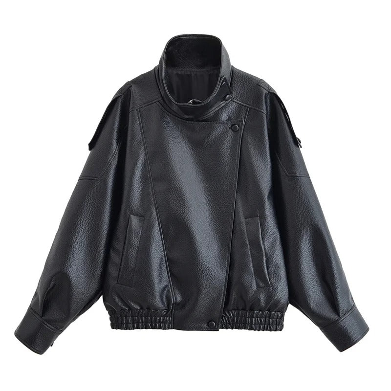 Chaqueta Negra Cuero Negro Cruzada con Cuello Alto