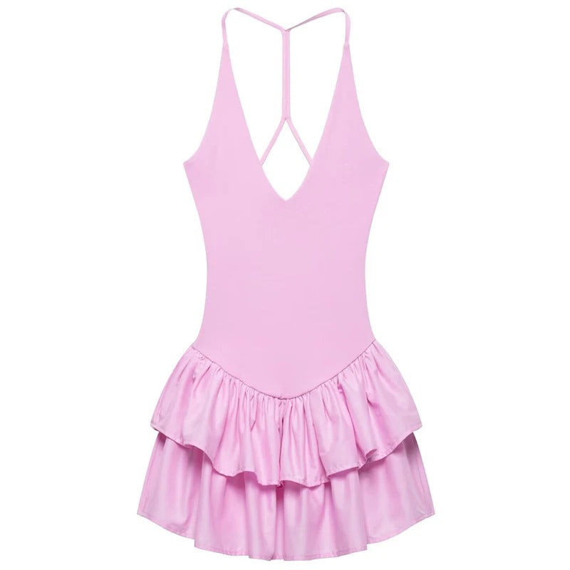 Vestido Corto Rosa con Volantes